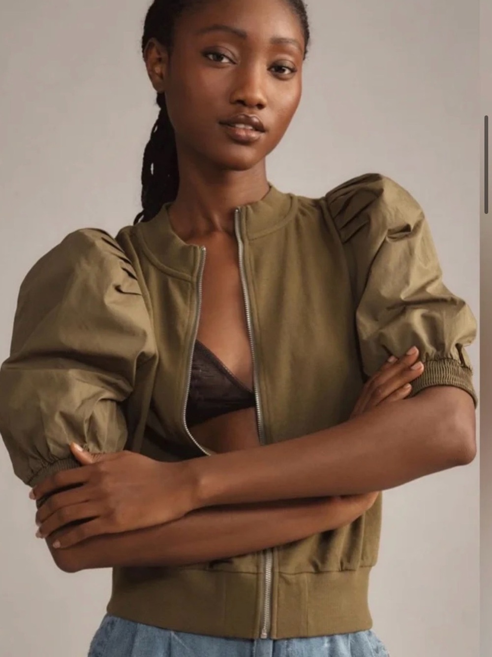 Maeve Olive Puff-Sleeve Bomber Jacket - Women. 100% cotton